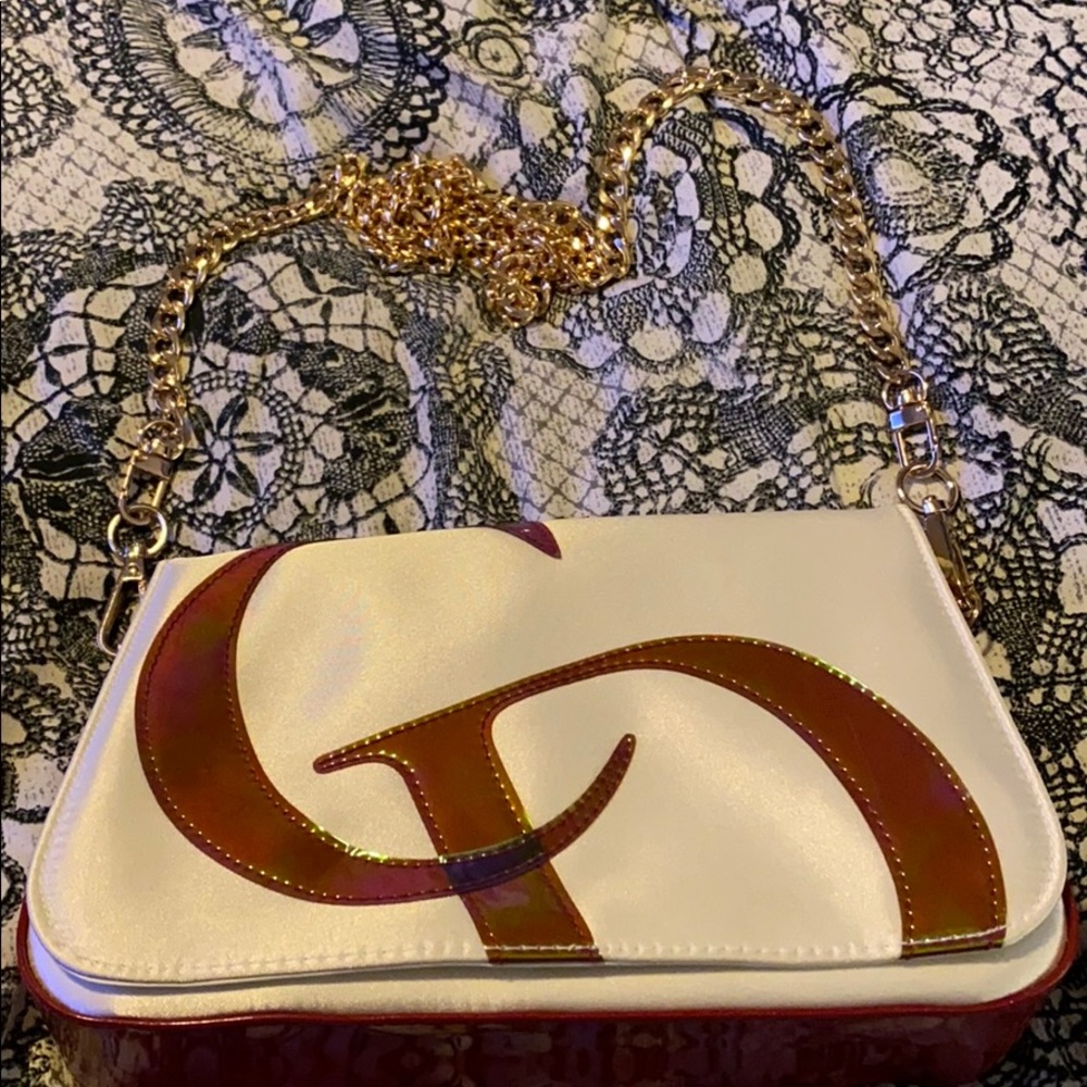 Satin &patent leather CD purse with gold chain